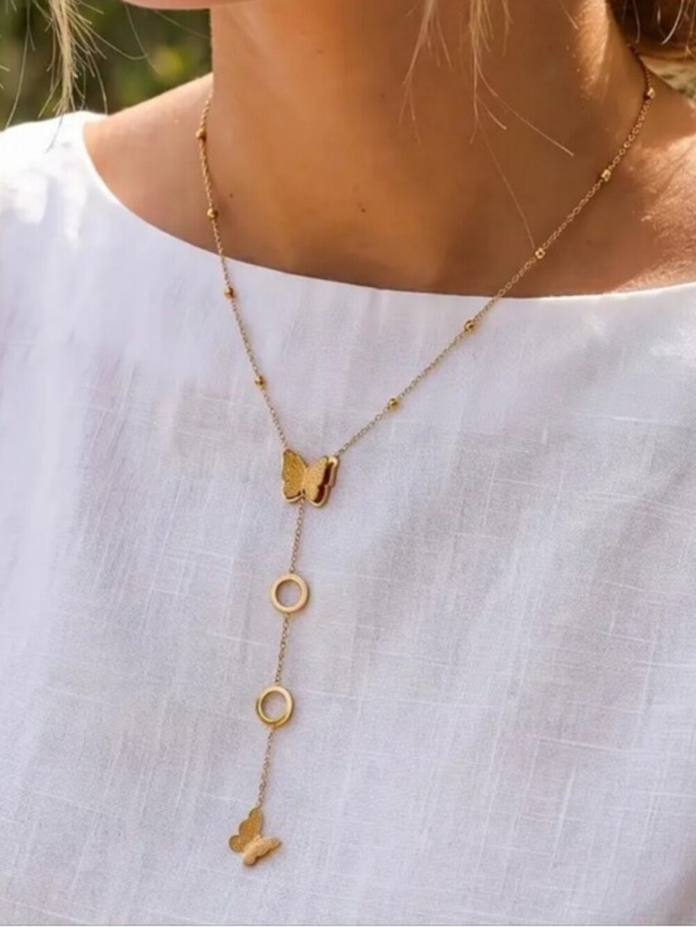 Stanielss Steel Gold Butterfly Lariat Necklace - Elegant Women’s Jewelry
